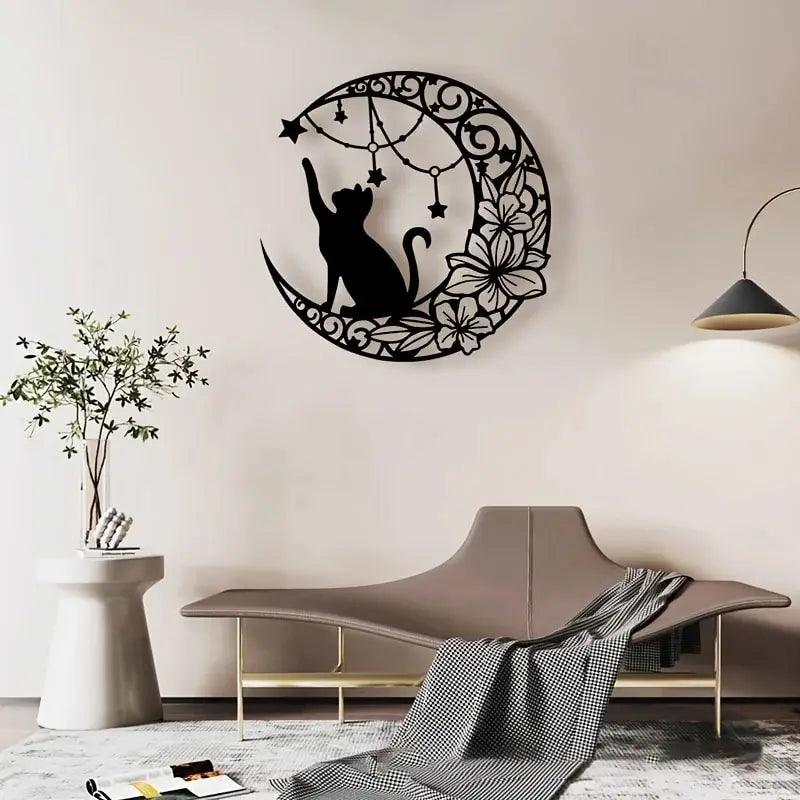 Decoração de Metal com Design de Lua e Gato