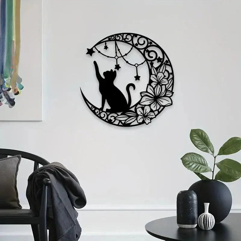 Decoração de Metal com Design de Lua e Gato